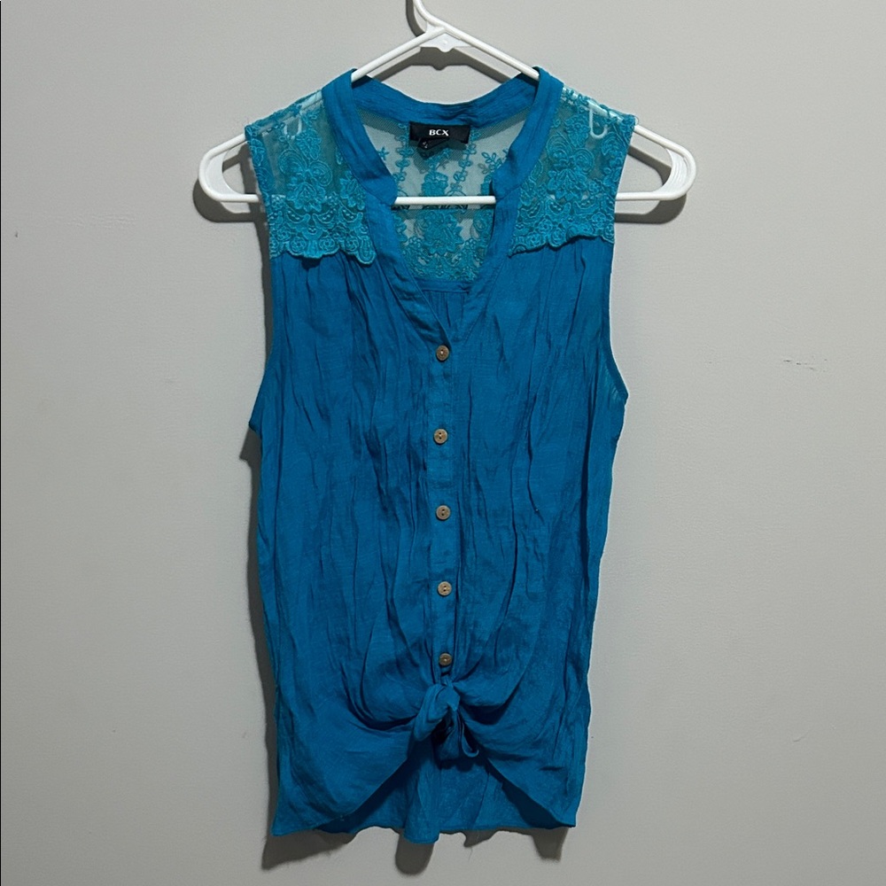BCX Turquoise Sleeveless Blouse with Lace Detail